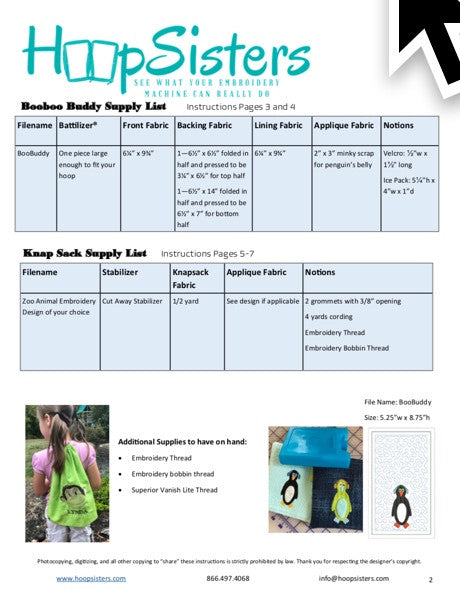 Knapsack + Boo Boo Buddy Instructions Update